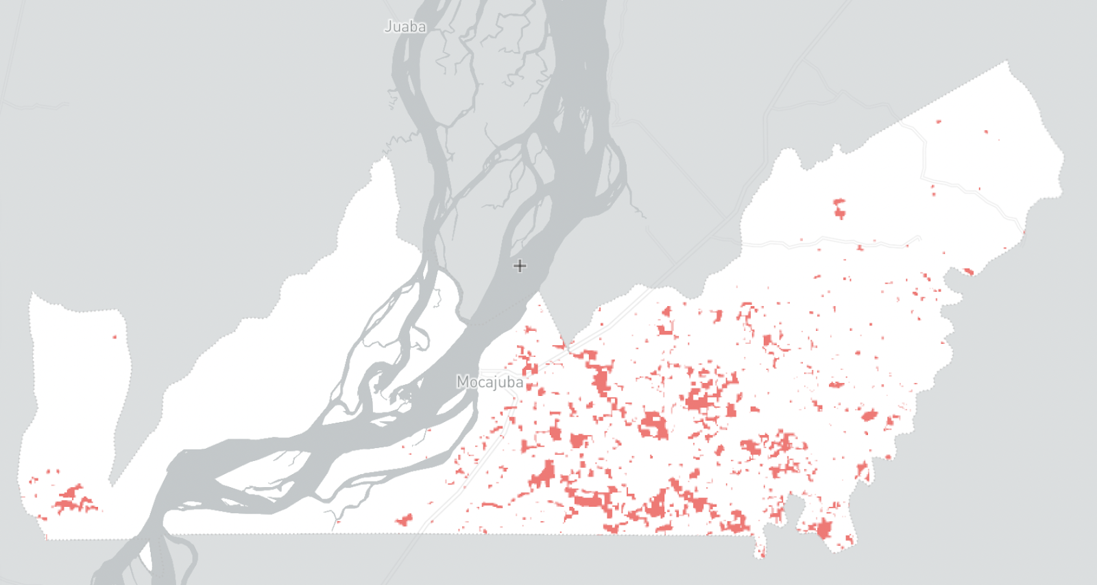 Pontos vermelhos no mapa sinalizam locais onde houve queimada em 2024, em Mocajuba (PA). Captura de tela feita do Monitor do Fogo/Mapbiomas.